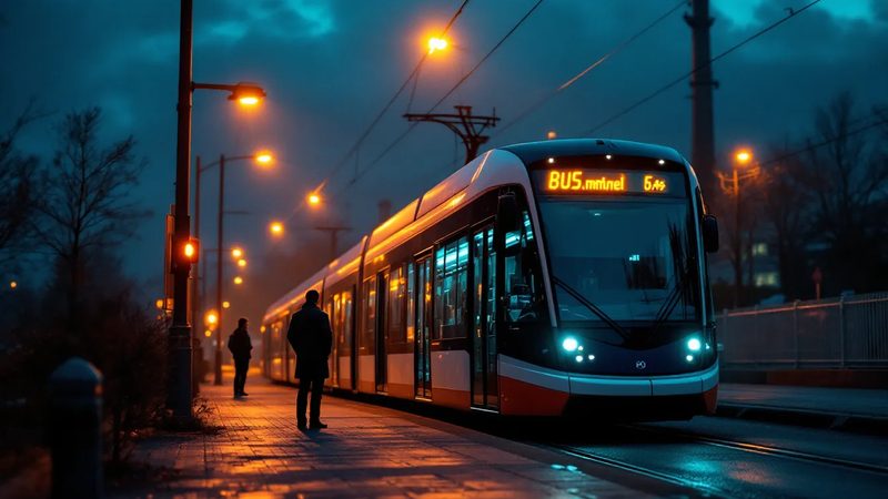 Straßenbahn an beleuchteter Haltestelle - ÖPNV Tip