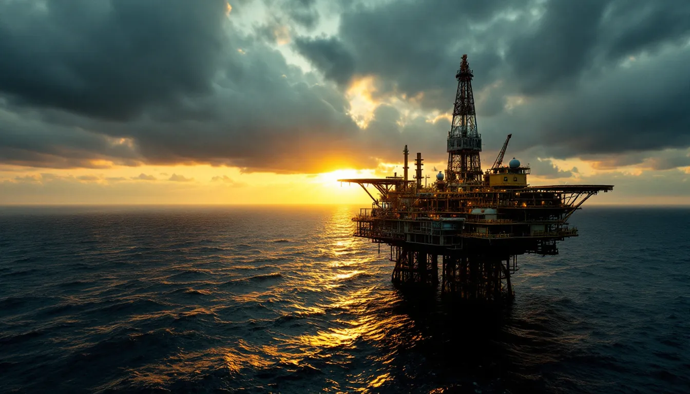 Brent-Rohöl-Förderplattform in der Nordsee bei goldener Stunde, illustrative Darstellung