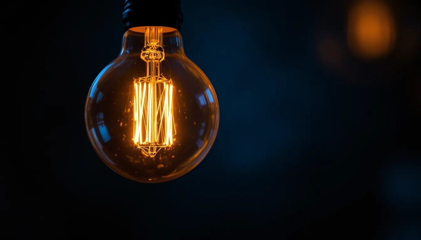 LED-Glühbirne mit warmem Filament-Glow im Dunkel, illustrative Darstellung der Tip-Kategorie Strom