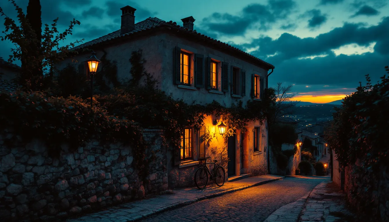 Rue de village française au crépuscule avec maison de pierre provençale, illustration des coûts énergétiques des ménages français