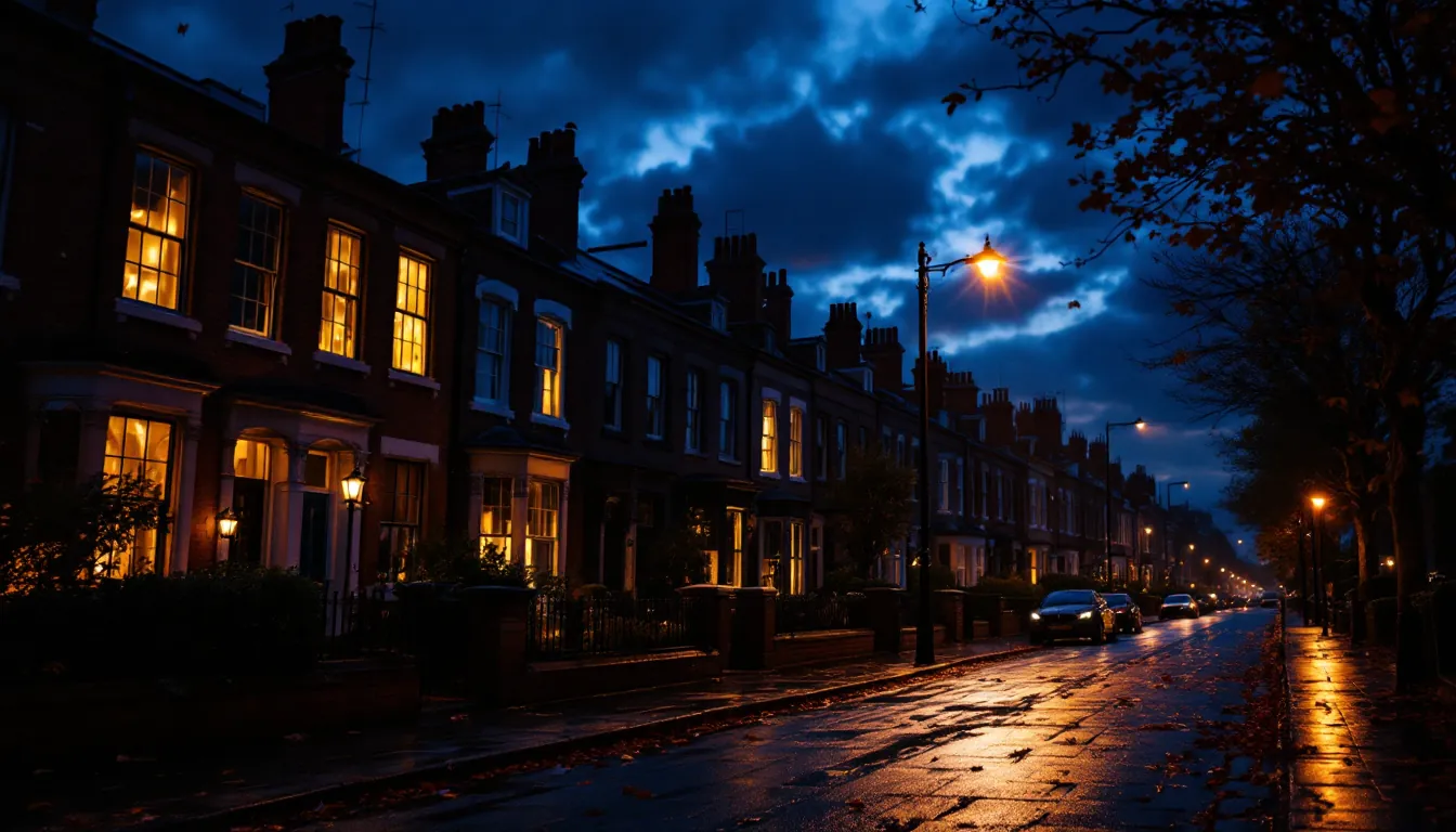 British terraced row at dusk with Victorian brick houses, illustrative depiction of UK household energy costs