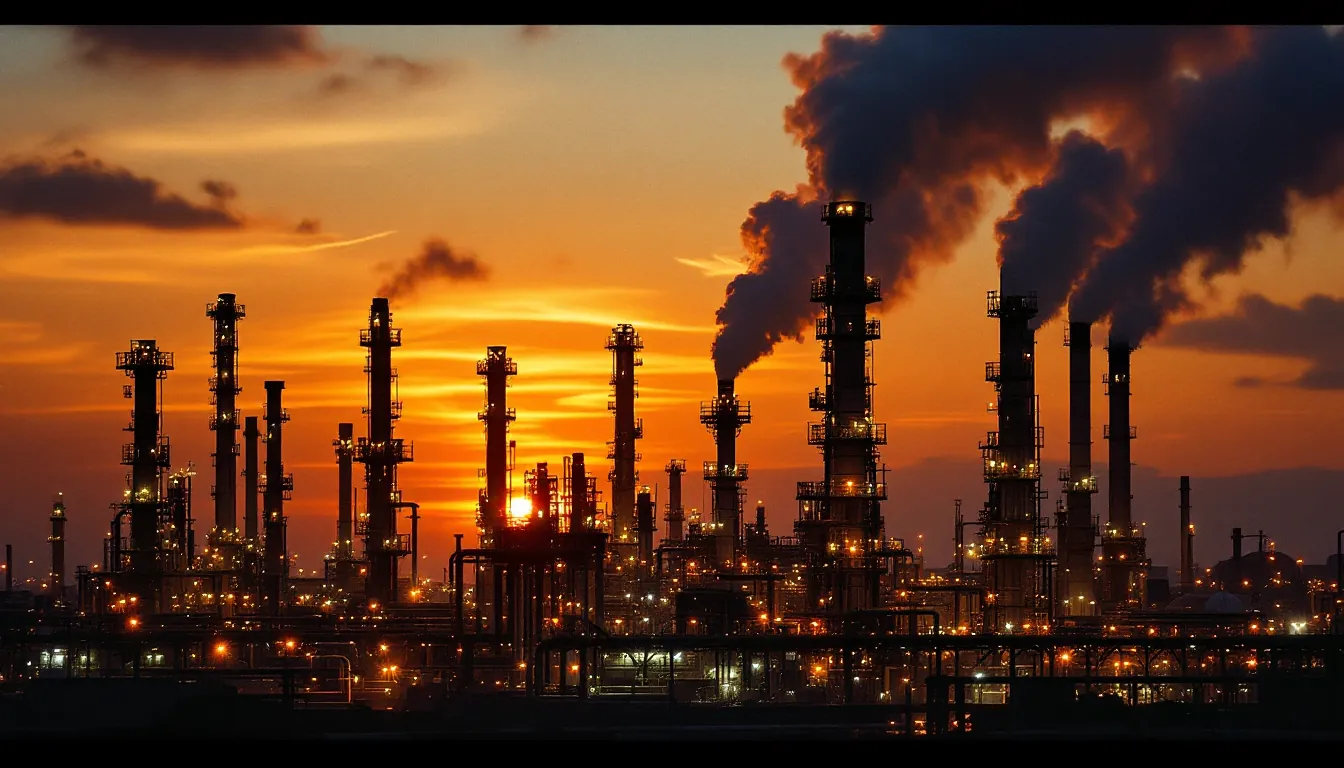 Refinery cracking towers at twilight, illustrative depiction of the crack spread