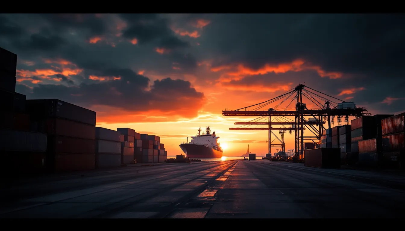 Container shipping port at dusk, illustrative depiction of oil embargoes