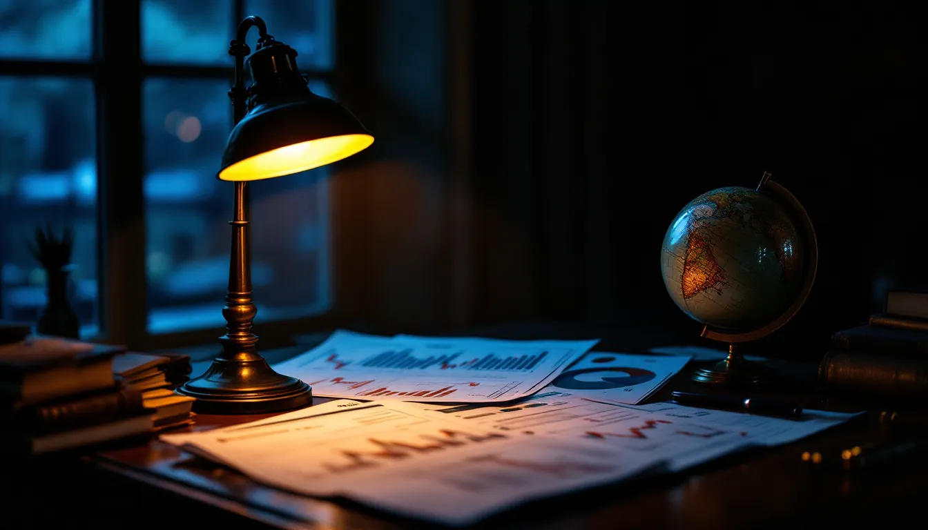 Studierzimmer mit Energie-Marktberichten und Vintage-Globus, illustrative Darstellung des Öl-Lexikons