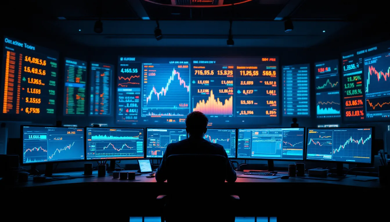 Forex-Tradingdesk mit Währungs-Charts und Ölfass, illustrative Darstellung des Petrodollar-Systems