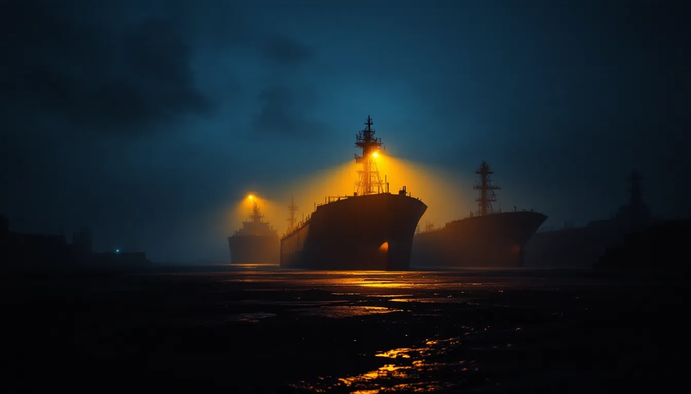 Hafen bei Nacht mit Tanker-Silhouetten, illustrative Darstellung des Sanktions-Schattens