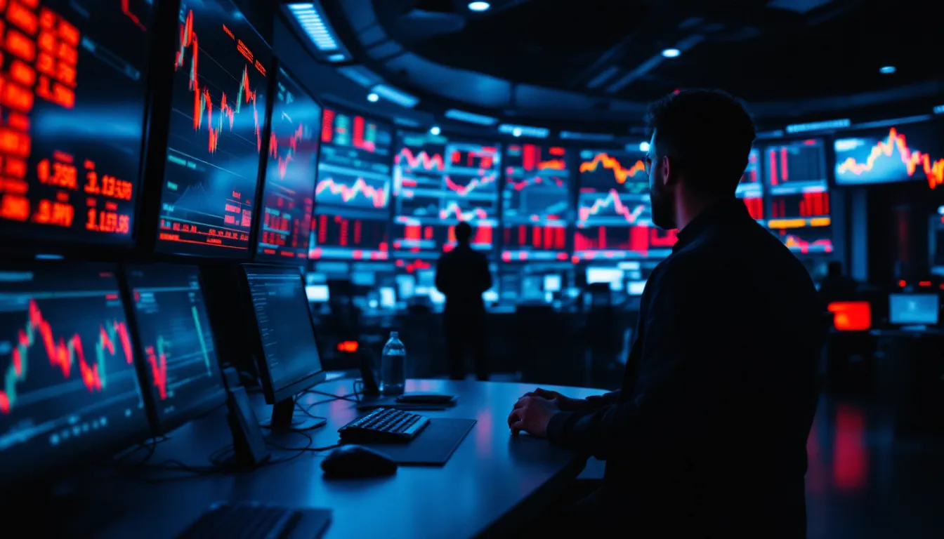 Trading floor with stagflation data screens, illustrative depiction