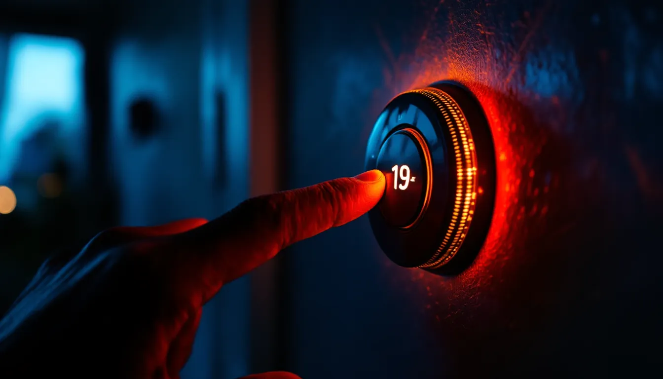 Une main baissant le bouton d'un thermostat mural, symbolisant le besoin de chauffage que les degrés-jours transforment en chiffre.