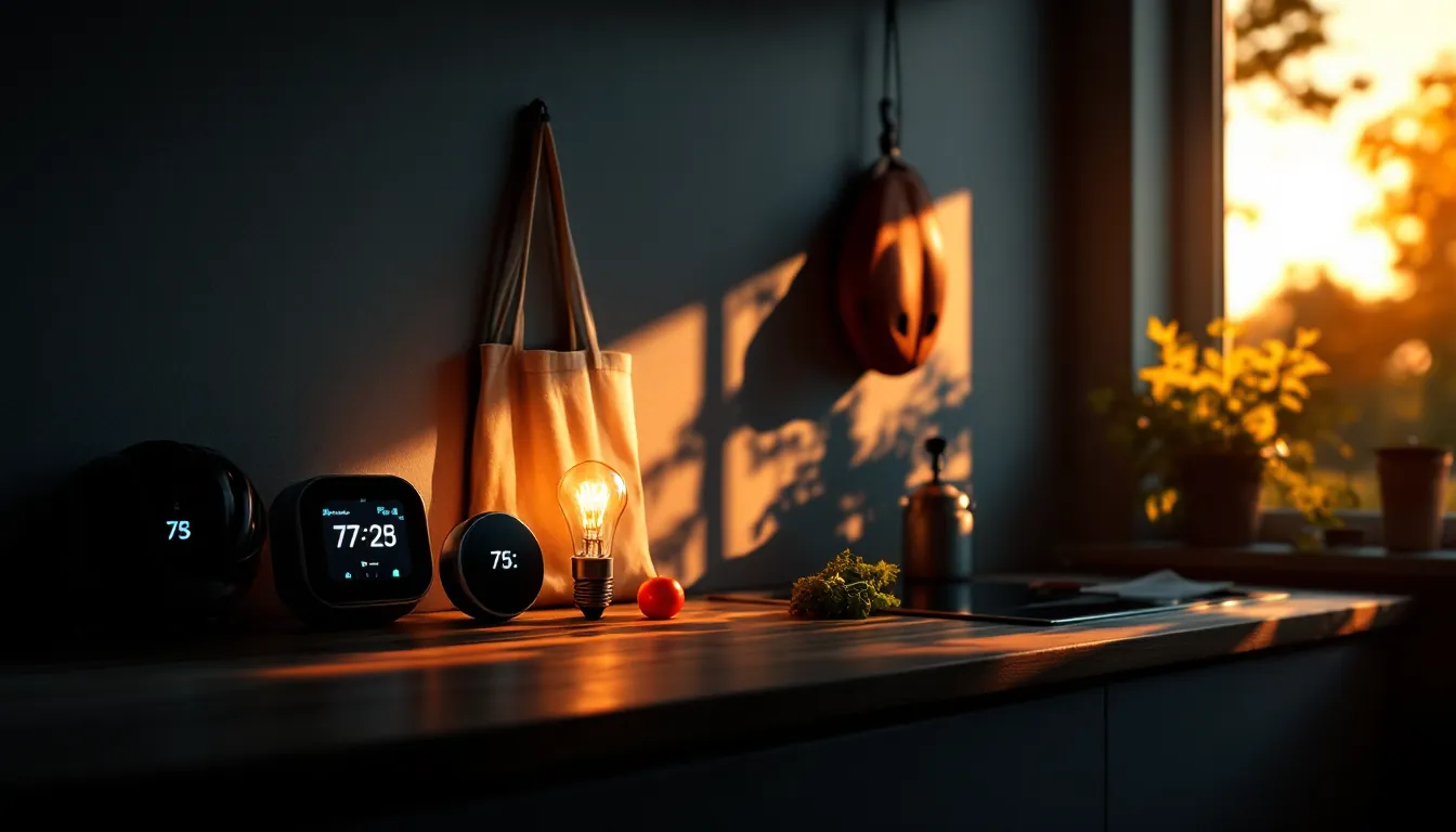 Küchen-Counter mit Energiespar-Objekten im Morgenlicht, illustrative Darstellung der Tipps-Übersicht